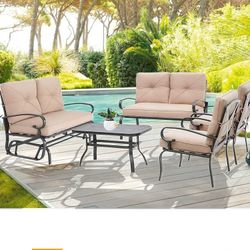  Outdoor Metal Furniture Sets 5 Pieces(6 Seats) Patio Conversation Set (Patio Swing Glider, 2 Patio Chairs, Loveseat with Coffee Table), 