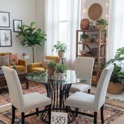 5-pc Round Dining Table Set NEW With Grey Corduroy Chairs 