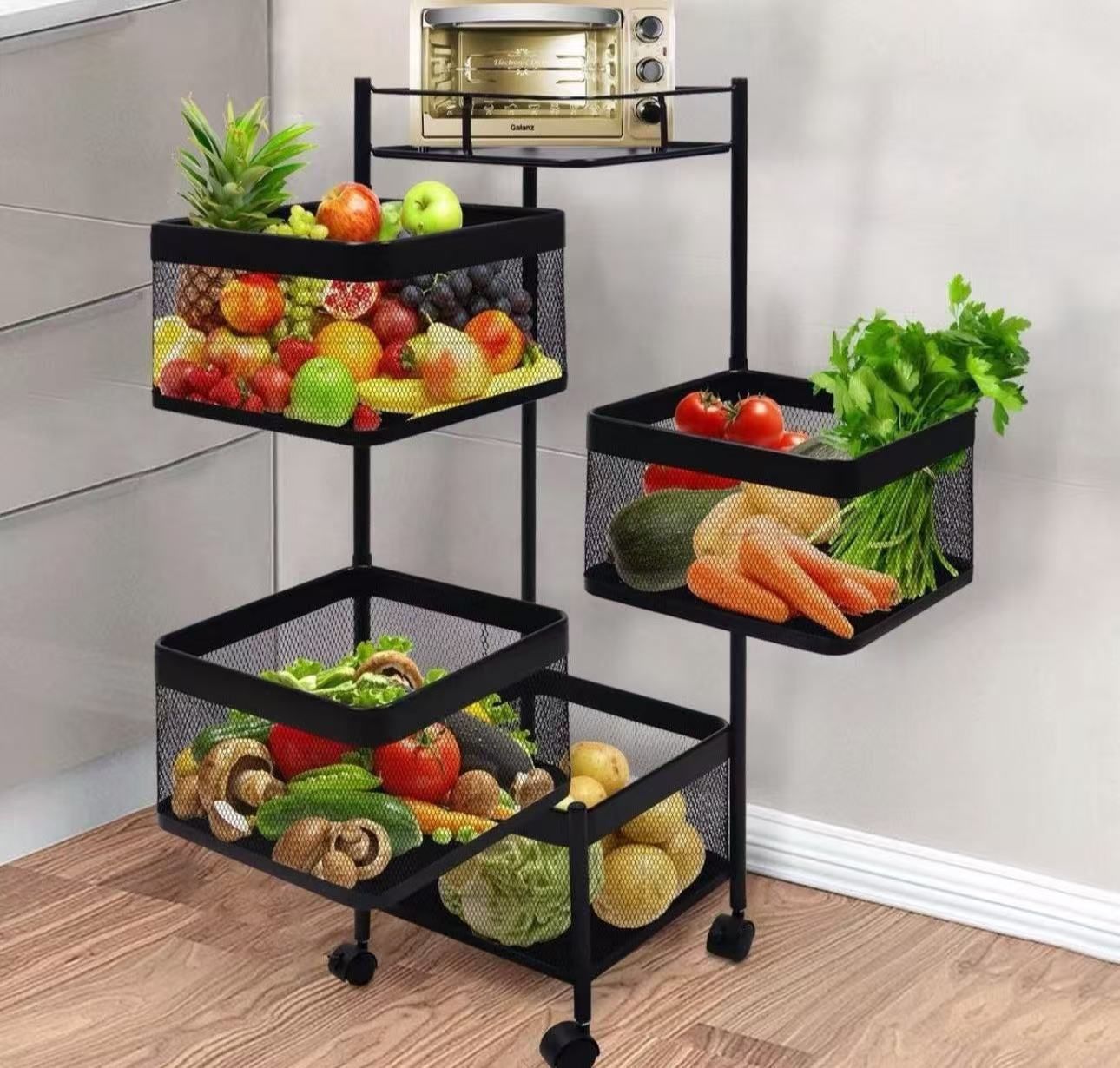 Kitchen Storage Rack Rotating Vegetable with Wheels Square White Multi-Layer Floor-Standing Rack-Rotating Vegetable Rack, Household Storage Shelf Can