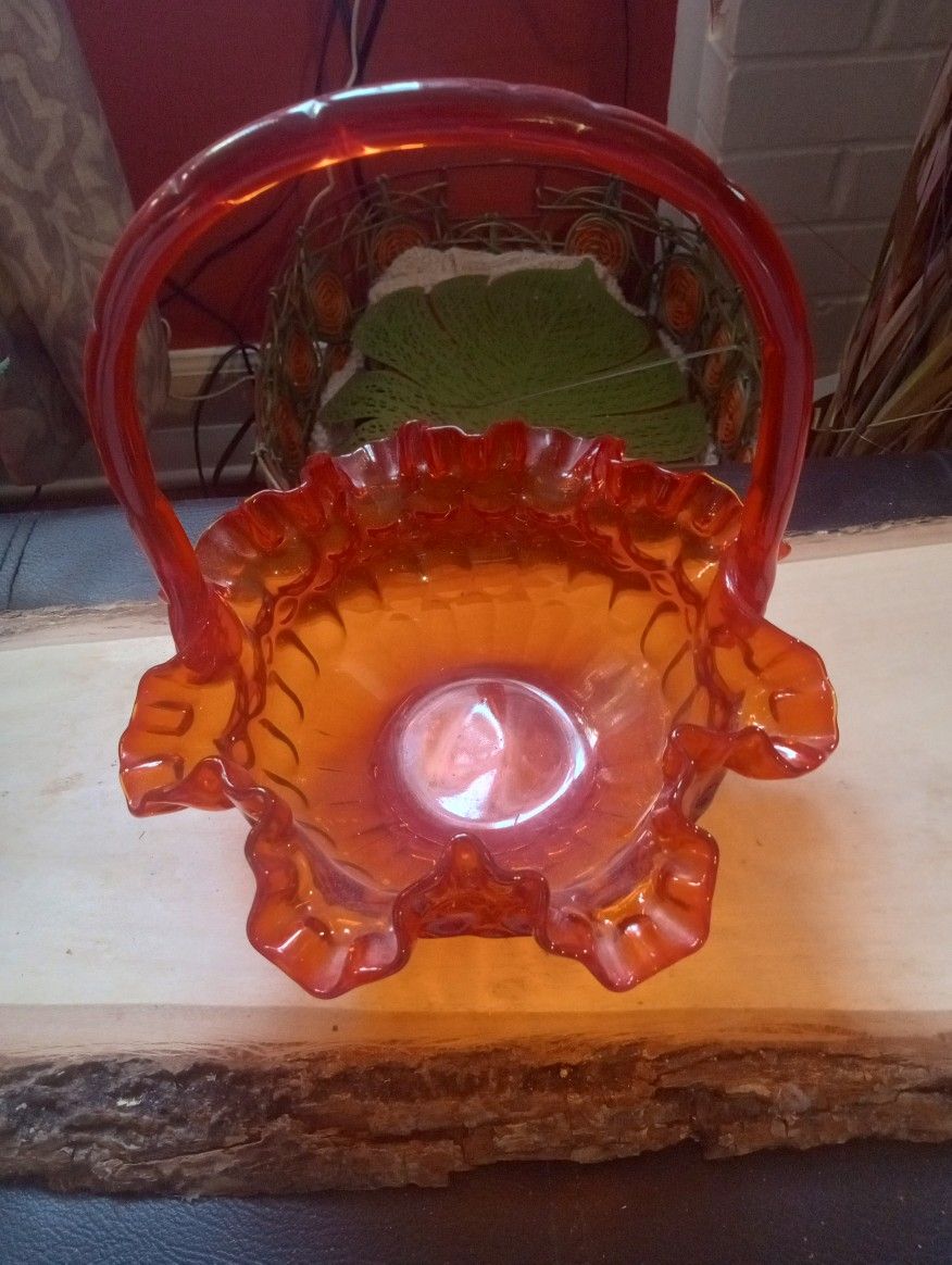 Vintage Fenton Thumbprint Ruffled Edge Orange Bowl Basket 