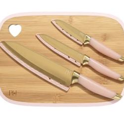 Paris Hilton Reversible Bamboo Cutting Board and Cutlery Set with 8", Pink Gold 7 pieces