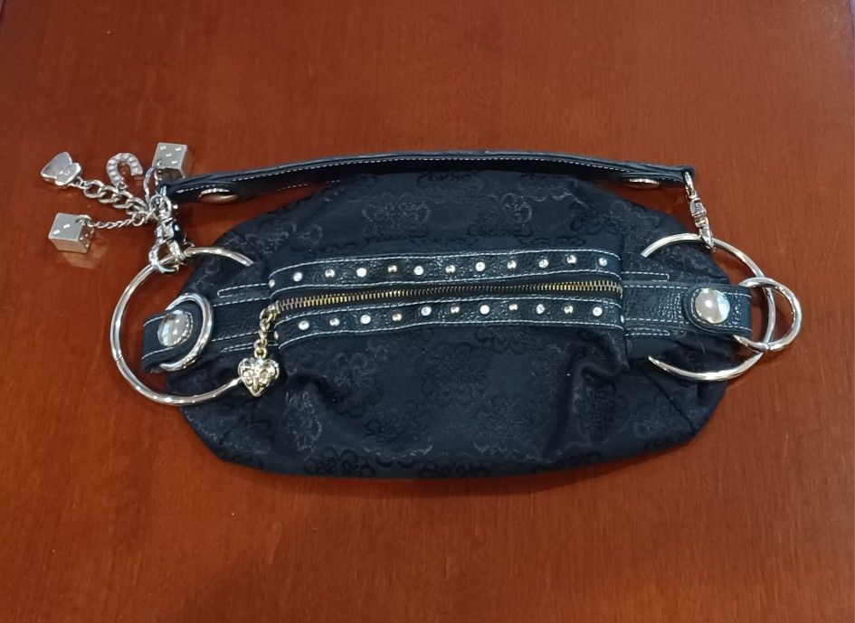 Kathy Van Zeeland Black Jacquard Purse with Ring Hardware Heart and Good Luck Charms