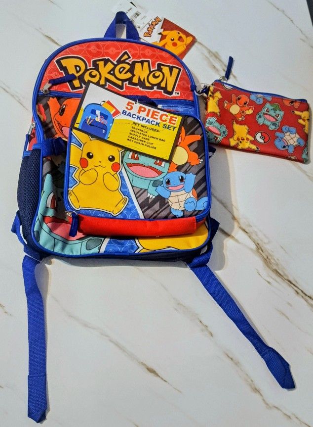 Pokemon Characters Boys School Backpack Book Bag Lunch Box 5 Piece Set 16" New Ret$42