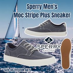 Sperry Men's Moc Stripe Plus Sneaker -  Size US 11 EUR 44.5 (Navy)  The Sperry Moc Stripe Plus Sneaker is a casual shoe featuring a fabric upper, cont