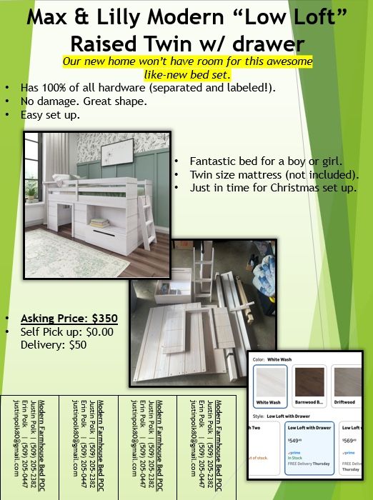 White Low Loft Twin Bed frame/ Bookshelf & Drawer