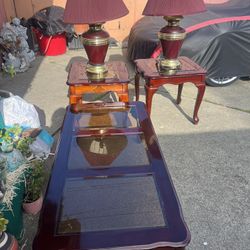 brown Set 2 Lamps 3 Tables 
