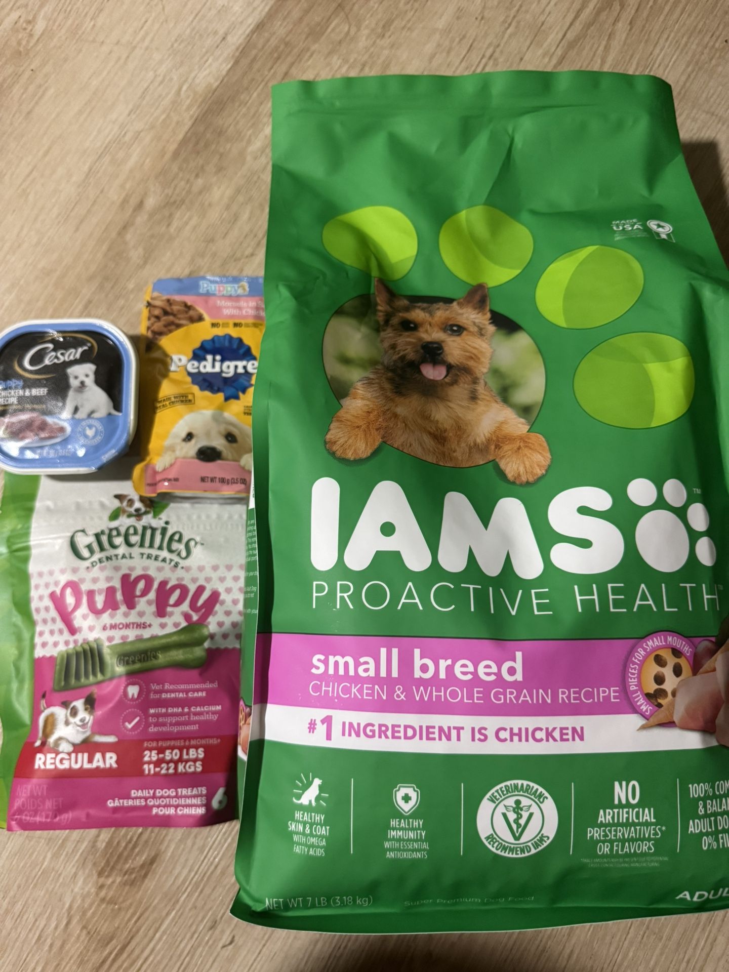 Dog Food Bundle For Sale Included: 1. IAMS 7lbs Small Breed Chicken & Whole Grain Recipe 2. Cesar Chicken & Beef 3. Greenies 6ct Dental Treat 4. Pedig