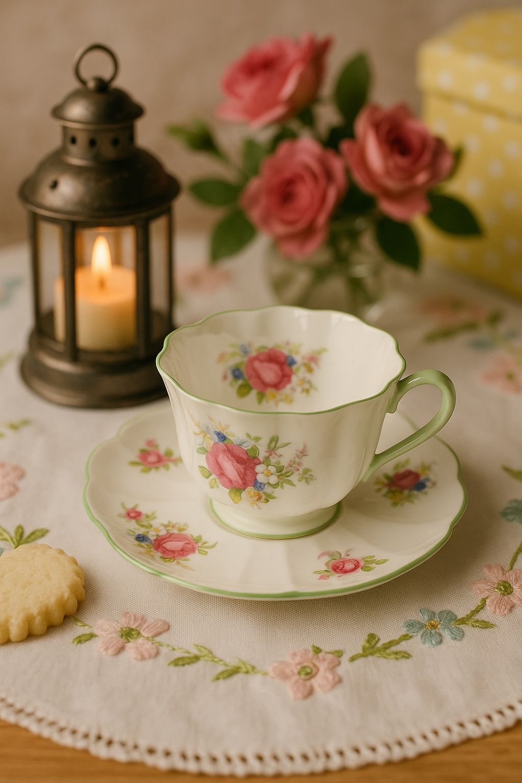 Shelley England 1940s “Rosebud” Eggshell Porcelain Floral Teacup & Saucer Set