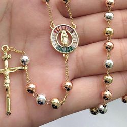 💎 18K Tri-Color Gold-Plated Virgin Mary Beaded Rosary Y-Necklace