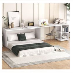 New White Queen size Murphy bed with rotating desk wall pull down hidden fold combo