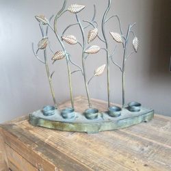 Metal Patina Leaf Candle Holder 