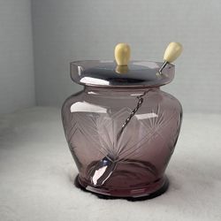 VINTAGE MID CENTURY Amethyst ETCHED GLASS  ~ JAPAN Jam / Sugar Jar With Spoon