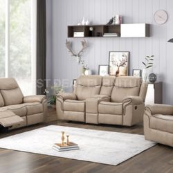 Beige Manual Reclining Couch Set 3 Pc
