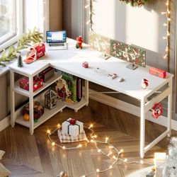 L Shaped Computer Desk with Power Outlet Shelves, 55 Inch Big Reversible Corner Desk for Small Space Home Office, L-Shaped Desk PC Desks, Wh