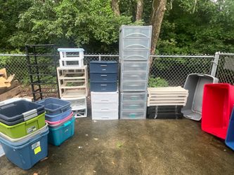 Assorted plastic totes, storage racks, lids, etc