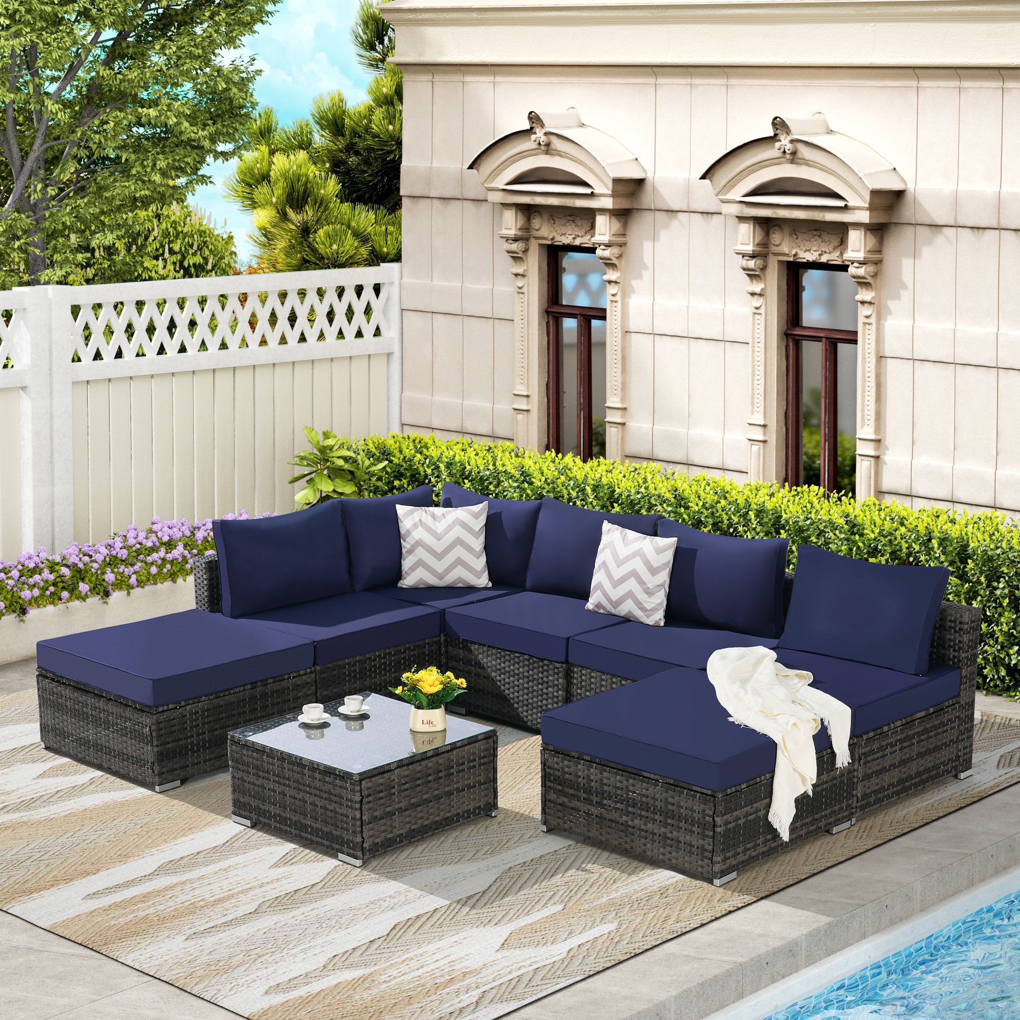 8 Pieces Outdoor Patio Sectional Sofa Couch,Wicker Furniture Conversation Sets with Washable Cushions & Glass Coffee Table for Garden, Poolside, Backy