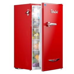 3.2 Cu.Ft Retro Mini Fridge with Bottle Opener, Energy Saving, Adjustable Thermostat, Metal Handle, LED Lamp, Mini Refrigerator for Bedroo