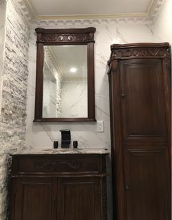 Dark Wood Bathroom Vanity Set with Mirror and Linen Cabinet