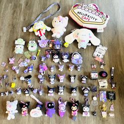 collection of Sanrio characters, featuring numerous Kuromi plush toys, keychains, and figurines. 