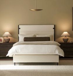 RECCI Queen Upholstered Platform Bed Frame with Tall Belted Headboard