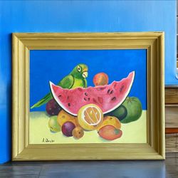 Hand Painted Frida Inspired Acrylic Painting On Antique Frame 