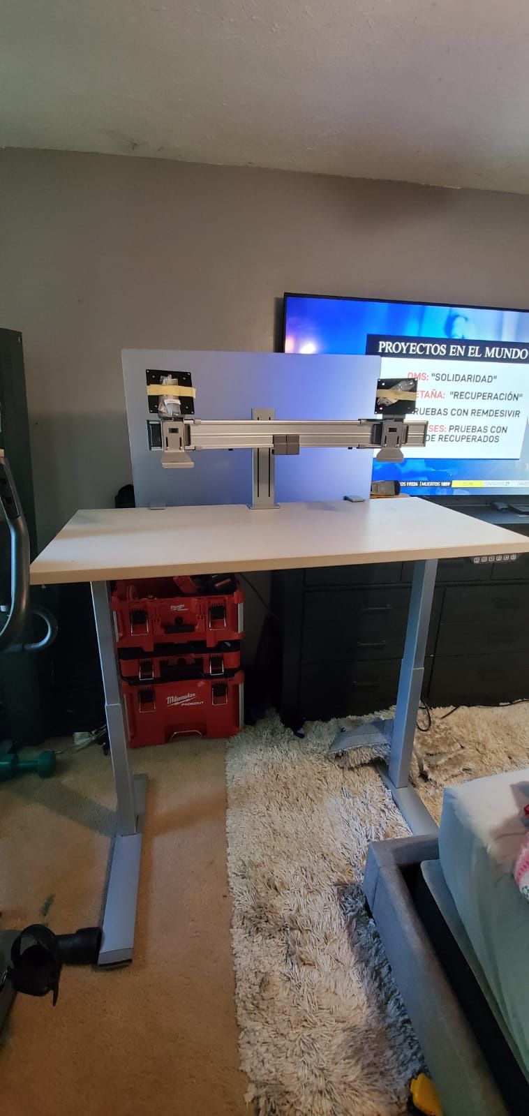 Adjustable high desk with 2 monitors harms