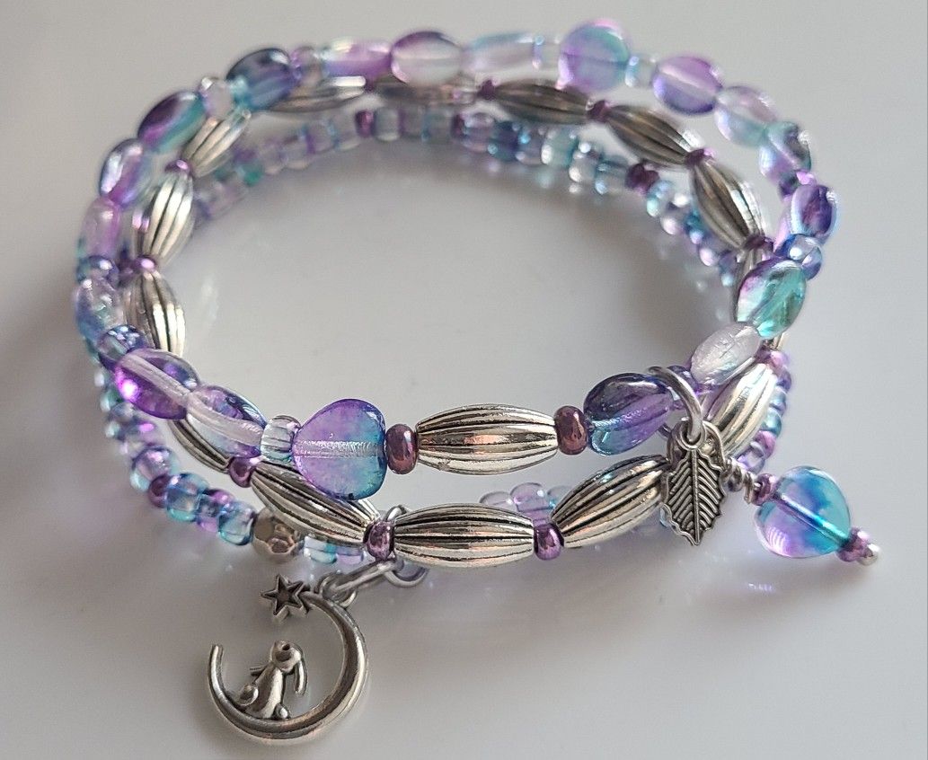 3 Stretch Bracelets Czech And Metal Beads With Charms Handmade