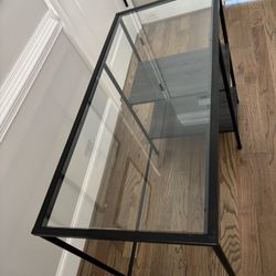 44” Glass Desk w/ Shelves – Metal Frame, Compact & Modern