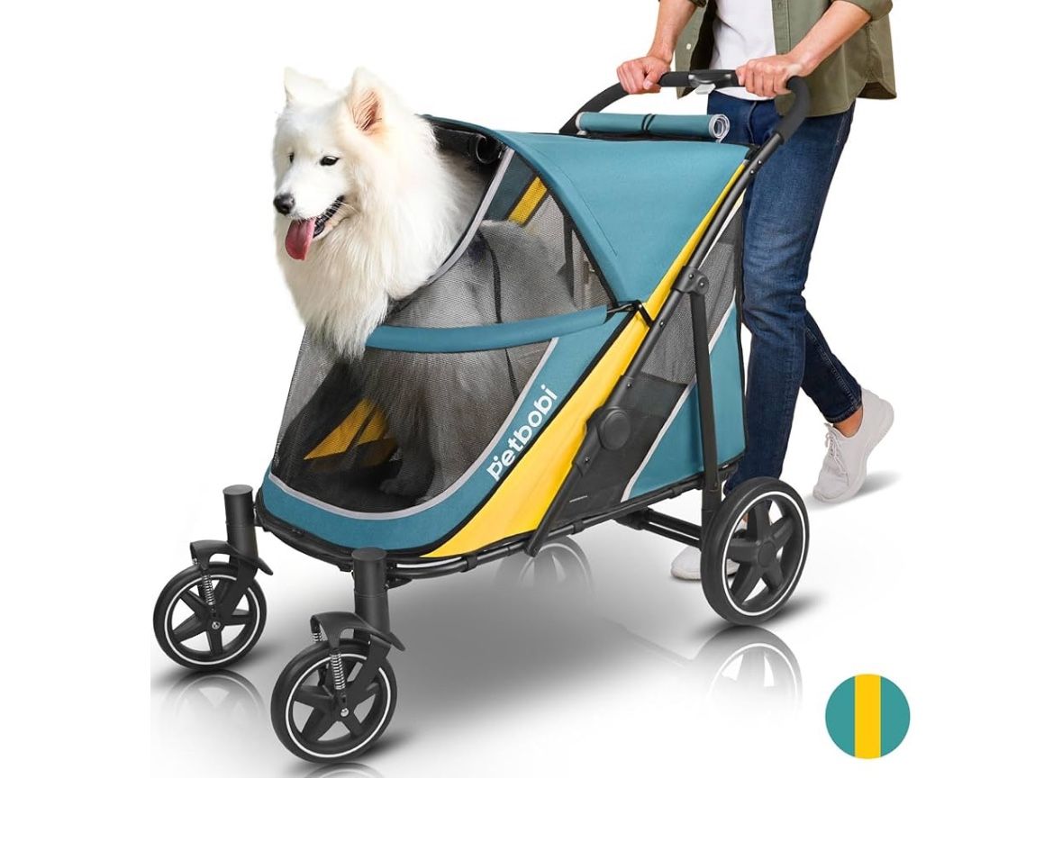 Petbobi Dog Stroller for Medium Dogs - Easy Fold Dual Entry Dog Wagon - One-Foot Brake - Large Breathable Mesh & Sunroof - All Terrain Pet Stroller fo