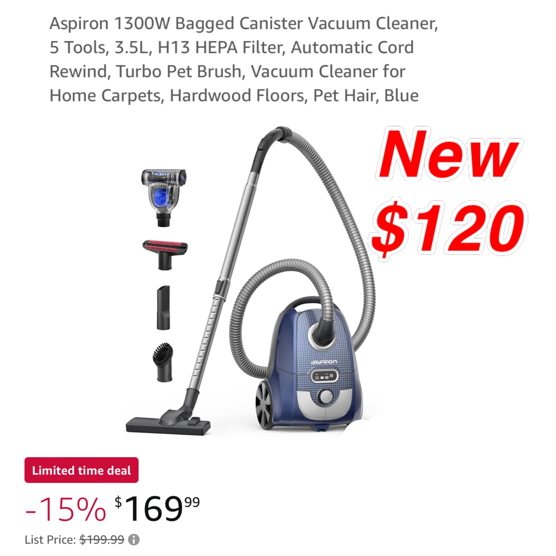 New Aspiron 1300W Bagged Canister Vacuum Cleaner 3.5L H13 HEPA Filter Automatic Cord Rewind Turbo Pet Brush Vacuum Cleaner for Home Carpets $120