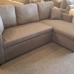 Brand New 87" x 57" Gray Or Black Linen Reversible Convertible Sectional With Storage Chaise