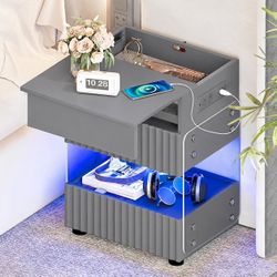 LED Nightstand with Gun Drawer, Gray Modern Nightstand with USB & Type-C Charging Station, Gun Safe Side Table