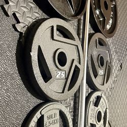 Full Set of Olympic Plates with Brand NEW 6 ft Steel Barbell with Cooper Bearings [ Plates from 45s to 2.5s] Brute: 287 #