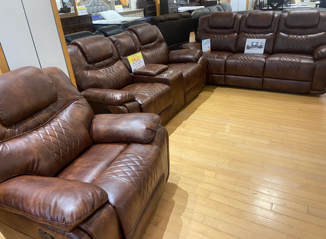 Spring blowout sale. Santiago Brown, leather reclining sofa and loveseat set only $1199. Easy finance option. Same-day delivery.