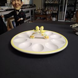 Ceramic Deviled Egg Tray With 2 Chicks In The Middle As A Handle Used For Serving Appetizers Around Easter Or Springtime Events, Holds 10 Eggs 9" Roun