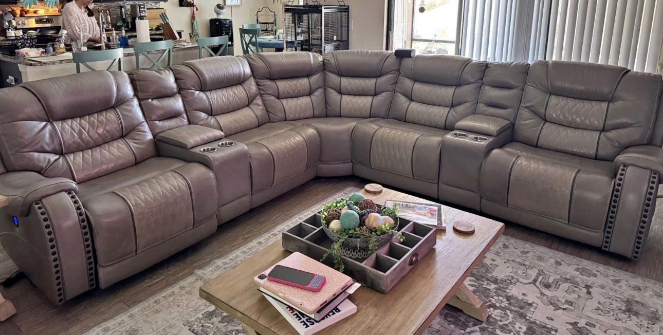 Grey Leather Electric Recliner Couch