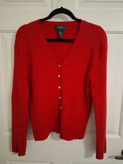 Lauren Ralph Lauren Womens Red Cableknit Sweater Cardigan