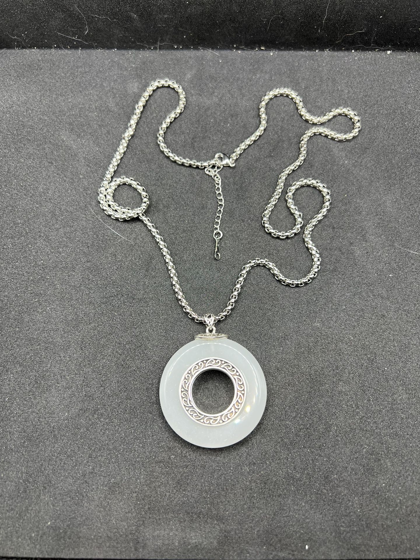 Big Round White Jade Silver Chain Necklace