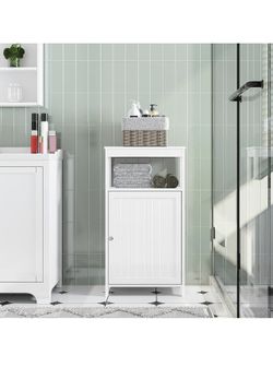 Single Door Floor Cabinet, Bathroom Free Standing Storage Organizer with Adjustable Shelf, Narrow Side Cabinet for Living Room, White