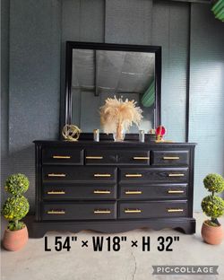 Dresser with mirror refinished black and gold pulls 7  drawers Broyhill
