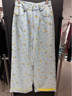Light Wash Floral Print Wide Leg Jeans Women’s Casual Denim Pants