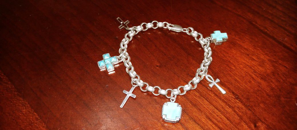 Silver & Turquoise Cross Charm Bracelet
