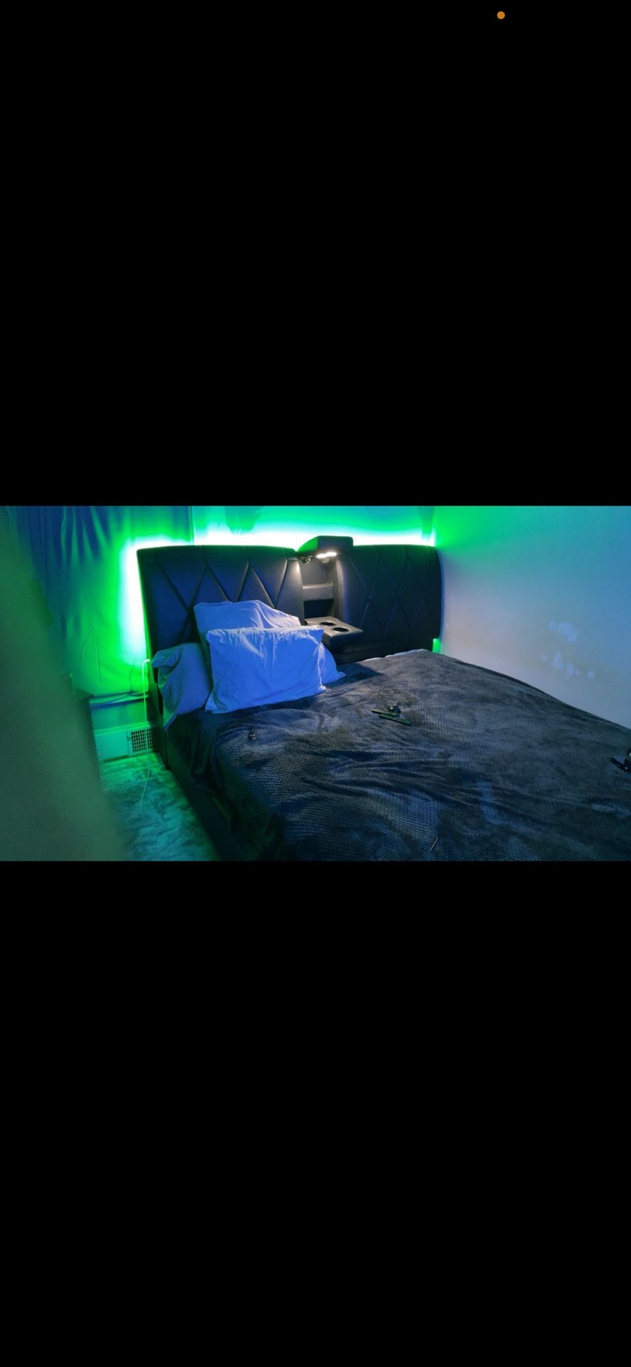 King Size Bed Frame-padded Leather Headboard, USB Ports, Red And Green Background Lights, And Center Counsel  With Lights