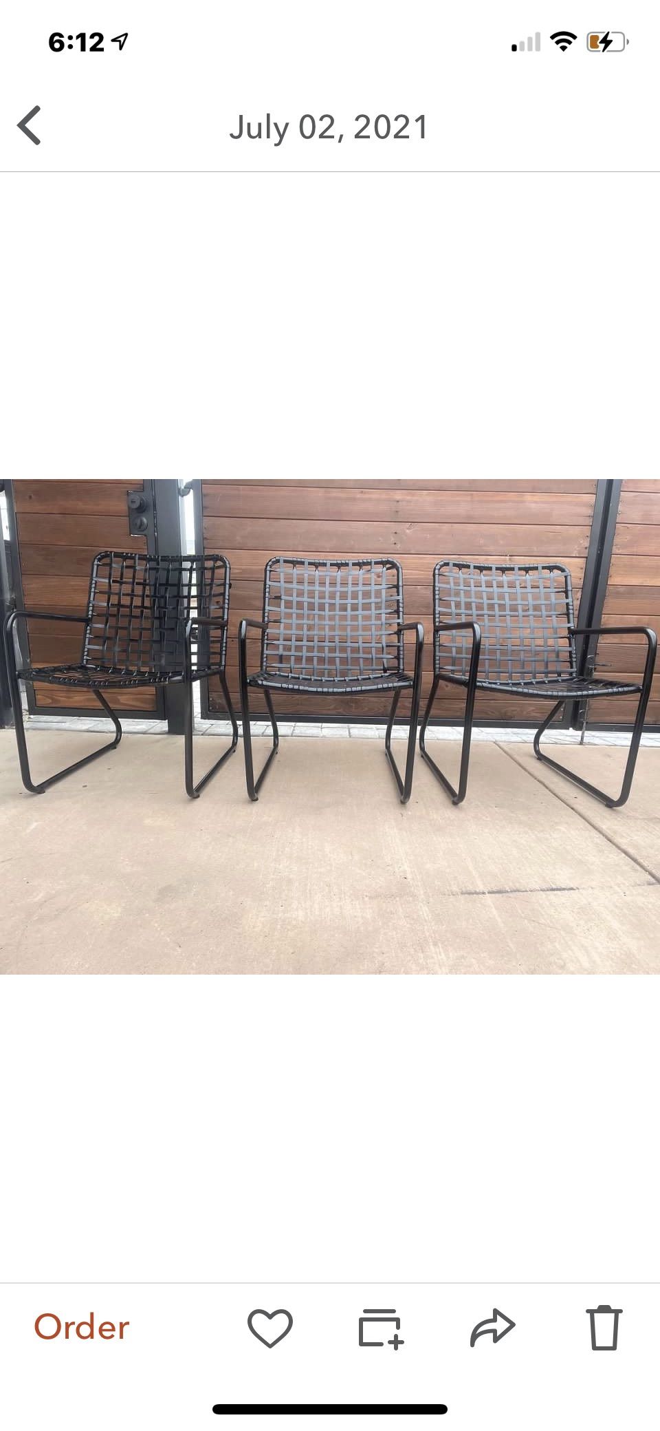 Set of three brown Jordan outdoor patio chairs vantage