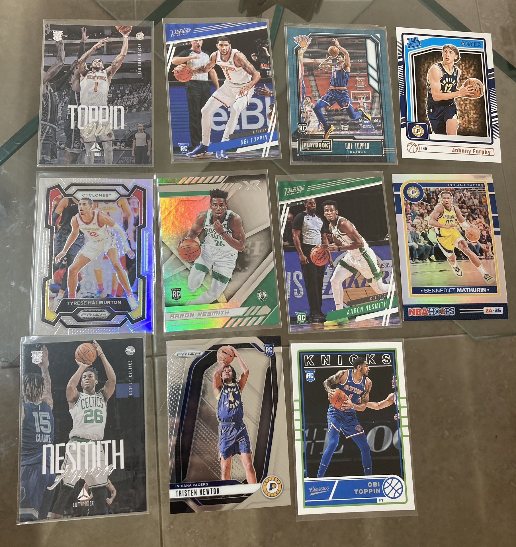 11 card NBA basketball Indiana Pacers Rc lot including Tyrese Haliburton Chronicles, essentials & Marque rookie cards also Obi Toppin & Aaron Nesmith