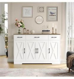 55" Large Sideboard Buffet Storage Cabinet with drawers White/Rustic C-9
