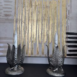 Two Silver Metal Leaf Design Candle Holders. Great Quality Heavy 