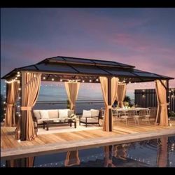 Nice Relax and Cozy in Nice Gazebo 20 ft. x 12 ft. Outdoor Brown Polycarbonate Double Roof Gazebo with Curtains and Netting for Garden, Lawns, Patio T