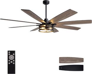 72 inch Large Ceiling Fans with Lights and Remote, Black Modern Ceiling Fan for Living Room, Patios, 6 Speed Reversible Quiet DC Motor, 8 Blades, Easy