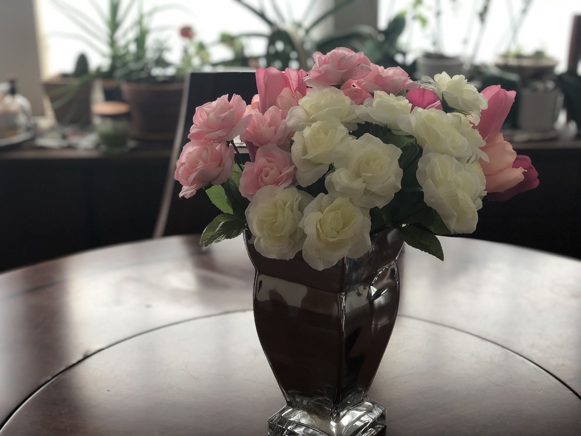 Pink and white artificial flowers (no vase)